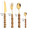 Dinnerware Sets AJOYOUS Stainless Steel Cutlery With Bamboo Handle Kitchen Dinner 16/24Pcs Set Knife Fork Spoon Mirror