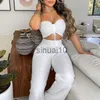 Women's Two Piece Pants 2022 Summer Women Casual White Two Piece Suit Sets Sleeveless Drawstring Bandeau Crop Top Shirred High Waist Long Pants Sets J230717