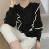 Vrouwen Truien Korea Casual Ruches Gebreide Vest Vrouwen O-hals Herfst Truien Single Breasted Lange Mouwen Elegante Chic Tops