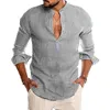 T-shirts pour hommes chemise boutonnée lin coton chemises décontracté à manches longues col écarté léger plage couleur unie hauts 230717