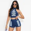 Kvinnors spårningsdräkter 2 -stycken Kvinnor Sexiga shorts och toppar 2023 Denim Cotton Elastic Broken Hole Super Short Bikini Suits Set Ladies Skinny Suit