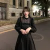 Grundlegende Freizeitkleider QWEEK Gothic Schwarzes Spitzenkleid Damen Lässig Elegant Party Midi Rüschen Langarmkleid Emo Y2k Goth Kleidung Frühlingsroben 230717