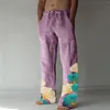 Pantaloni da uomo in cotone e lino per uomo con stampa a foglia, casual, larghi, larghi, stile hippy, retrò, classici, leggeri, da yoga