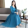 Casual Dresses Women Long Dress Spring Autumn Women's Slim Trendy Female V-ringen Elegant Belt Laides T840