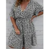 Plus size Dresses Plus Size Dress Woman Summer V Neck Short Sleeve Floral Print Casual Midi Dress High Waist Chic Beach Party Dresses 230715