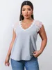 Camiseta feminina plus size cinza plus size 4XL renda camisetas feminina manga curta renda decote em V curvilínea blusas oversized verão casual sólido feminino tops 230715