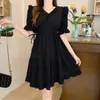 Casual Dresses Black Women Sweet Gothic Puff Sleeve Summer Girlish Age-reducing Graceful Vintage Korean Style Empire Temper