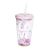 Vattenflaskor Dot Wave Plate Pipette Tumbler Double Layer Sequin Lovely Pink Plastic Bottle With Cover Straw Ice Cup Under sommaren 230717