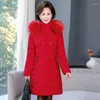 여자 트렌치 코트 패션 대형 모피 칼라 면화 재킷 암컷 긴 슬림 한 후드 옷 겨울 기질 따뜻한 코아