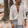 Camisas de vestir para hombre, camisas de lino de Color sólido Vintage para hombre, camisetas holgadas informales de manga larga, blusa corta, camisa para hombre, ropa de calle 2023 de talla grande