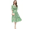 Women's Runway Dresses V Neck Half Sleeves Printed Sequined Beaded High Street Fashion Floral Mid A Line Vestidos