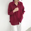 CJFHJE Arrivée Femmes Solide Col Rabattu Chemisier En Mousseline De Soie Oversize Bouton Up Vin Rouge Chemise Corée Style Feminina Blusa