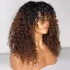 Máquina de perucas encaracoladas crespas com mechas castanhas ombre totalmente naturais de 16 polegadas com estrondo quente barato usar e ir perucas sem cola 150% densidade