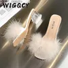 Kapcia sukienki buty Summer Puszysty palce seksowne wysokie obcasy buty kobiety Fur Peather dama moda ślub ślubny różowy kwadratowy palca sandały 230209 Z230717