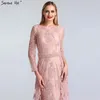 Vestidos de festa decote em bico rosa manga comprida renda vestidos de noite 2023 pérolas lantejoulas sereia formal real po la60982