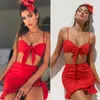 Robes de travail à volants licou femmes vêtements ensemble rouge col en V tenues de fête été noeud papillon Crop hauts Mini robe femme deux pièces vêtements