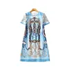 2023 Summer Blue Paisley Print Beaded Cotton Dress Short Sleeve Round Neck Sequins Knee-Length Casual Dresses S3Q160713