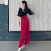 Scene Wear Ballroom Dance Tops Pants Women Practing Clothes Black Puff Kort ärmar Bodysuit Red Latin Trousers Adult Dancewear DNV18088