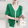 Kvinnors stickor Summer V Neck Patchwork Sticked Cardigan Women Casual Elegant Chic Beads Button Sweet Loose Short Sleeve Thin tröja Top