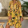 Casual Jurken Retro Bloemenprint Vrouwen Jurk Knopen Halve Knoopsluiting Uitlopende Mouwen Ruche Zoom Hoge Taille Loose Fit Shirt Streetwear