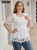 Vrouwen Plus Size T-shirt GIBSIE Plus Size Sweetheart Neck Knot Front Lace Blouse Vrouwen Zomer Korte Mouw Sweet Casual Dames Witte Blouses Tops 230715