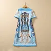 2023 Summer Blue Paisley Print Beaded Cotton Dress Short Sleeve Round Neck Sequins Knee-Length Casual Dresses S3Q160713