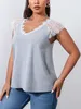 Camiseta feminina plus size cinza plus size 4XL renda camisetas feminina manga curta renda decote em V curvilínea blusas oversized verão casual sólido feminino tops 230715