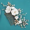 Hair Clips Wedding Accessories Porcelain Flower Comb Pin Clip Rhinestones Pearl Head Pieces Brides Gold Color Hairpin Bridal Jewelry