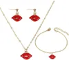 Wedding Jewelry Sets Red Lip Necklace Pendant Mouth Kiss Lips Bracelet Dangle Stud Earrings Set link for Women Grils Fashion 230717