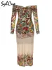 캐주얼 드레스 Sylcue 여름 저녁 파티 꽃 디자인 지각 우아한 성숙한 매력 자신감있는 섹시한 여자 어깨 긴 슬리브 드레스