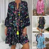 Robes décontractées Robe d'été Élégant col en V à manches longues Respirant Tenue ample pour femme avec tissu extra doux Grand ourlet rétro