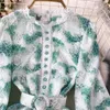 Vintage Palace Style Temperament Dress Bubble Long Sleeve Round Neck Waist Slim A-line Lace Dress