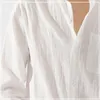 Chemises décontractées pour hommes en lin blanc pour hommes boutonné à manches longues coupe ample chemise habillée avec poche col de bande hauts de plage grande taille 5XL