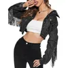 Jackets femininas yileegoo feminino cortado jeans marketing borla hem jean (preto m)