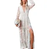 Abiti casual di base Happie Queens Vintage da donna con scollo a V manica lunga con volant Bohemian Beach Maxi abito da donna in pizzo chiffon scava fuori abiti Boho 230715