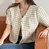 Kurtki damskie Vintage V Neck krótki rękaw Tweed płaszcz Kobiety wiosna lato 2023 LUSKIE Casual Casual Korean Style Chic eleganckie topy w kratę