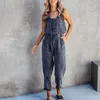 Kvinnors jeans kvinnor sommar jumpsuit v hals ärmlös dam fast färg elastisk midja lös denim övergripande tätt