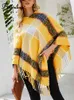 Kvinnors tröjor Fitshinling Plaid Kvinnor Poncho Nytt modeöverdimensionerad tröja Knitwear 2022 Winter Cape Femme Fringe Loose Shl Sticked Cloak L230718