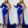 Plus Size One Shoulder Velvet Evening Dresses Thigh High Slit African Mermaid Prom Gowns Long Sleeve Women Red Carpet Celebrity Dr231C