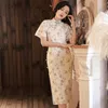 Ubranie etniczne satynowa literatura sztuka sztuka vintage cheongsam wiosna i lato 2023 sukienki z rękawów flary duże seksowne qipao vestidos