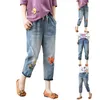 Women's Jeans Women Casual Comfortable Literary Embroidery Elastic High Waist Cutting Pants Jean