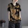 Damen-T-Shirt, Sommermode, Baumwolle, kurzärmelig, Kapuzen-T-Shirt, Frauen, Camouflage-Druck, Kordelzug, Vintage, übergroß, locker, lässig, dünn, Oberteile 230717