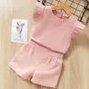 Kleidung Sets Sommer Neue Kinder Kleidung Sets Mädchen Fliegen Sleeve Top Einfarbig Shorts Zwei-stück Set Kinder Kleidung anzüge