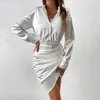 Casual Dresses White Long-Sleeved Shirt Dress Women's Single-Row Button Sexy Waist Wrap Hip Dess Woman Pleated Irregular Mini