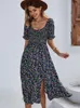 Basic Casual Dresses Ladies Sexy Vintage Floral Print Boho Summer Dress Women Casual Elastic Bohemian Beach Dress Women Sundress Robe Vestidos Female 230717