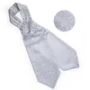 Cravatte da uomo Luxury Silver Paisley Seta Ascot Cravatta Set Festa di nozze Cravatta Cravatte bianche Fazzoletto Gemelli Cravatta Set di anelli DiBanGu 230717