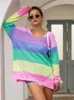 Kobiety swetry Fitshinling Rainbow Striped Długie sweter Femme Pull V Nakień Slim Pullovers Autumn Winter Long Rleeve Sweters Kobiety Skoczniki Sale L230718