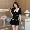 女性用トラックスーツカジュアルショートブレザーショーツ2ピースドレスセット春秋の韓国ファッションパッチワークブラックジャケットの衣装