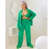 Grön tvådelar Set Elegant Outfits Women Casual Lapel Neck Shirt and Wide Ben Pants Set Free Ship
