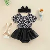 Clothing Sets Fashion Baby Girls 3PCS Summer Clothes Suit Short Sleeve Printed Plain Leather Skirt Pants Headband